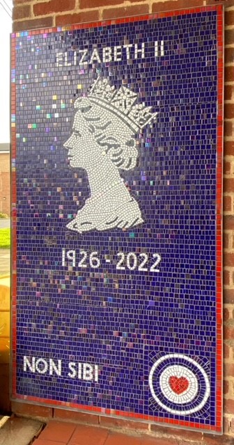 Image shows mosaic of Her Majesty The Queen's silhouette and RAF roundel. 